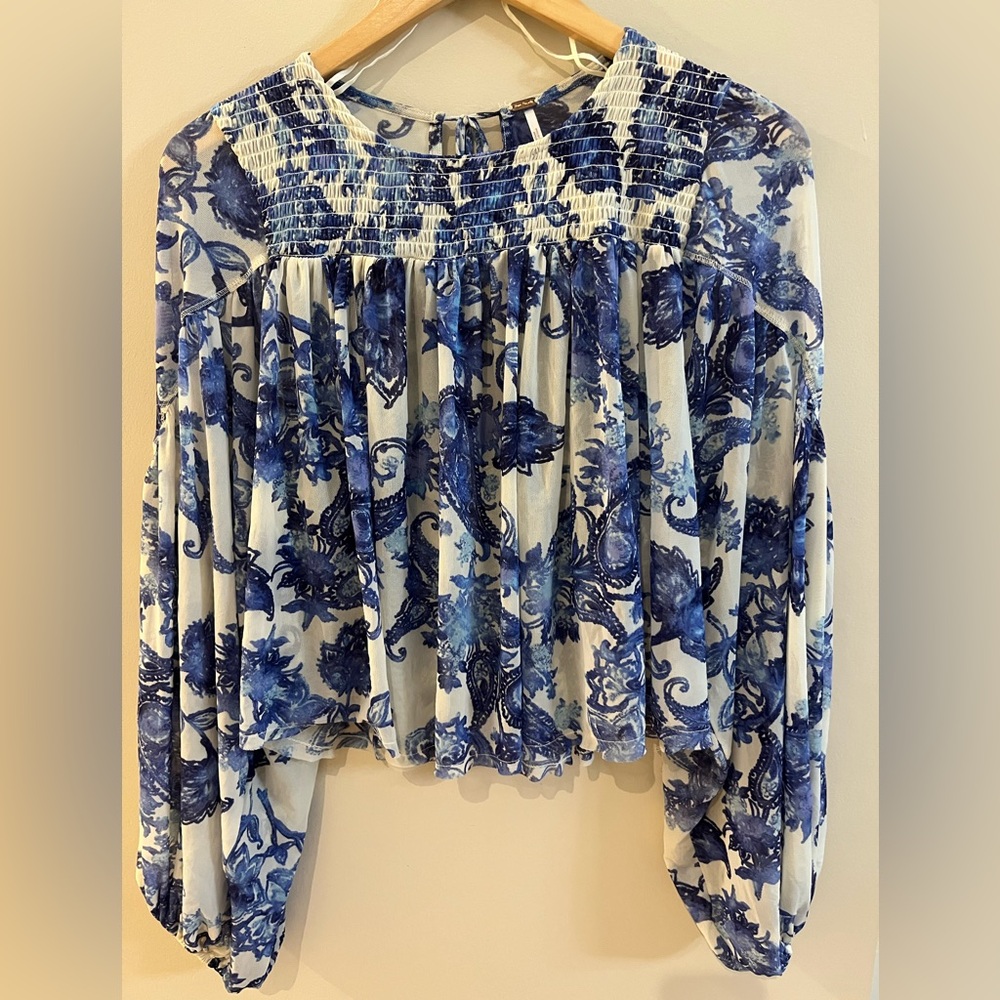 Free People Boho Baby Doll Blue and Cream Blouse Size Medium